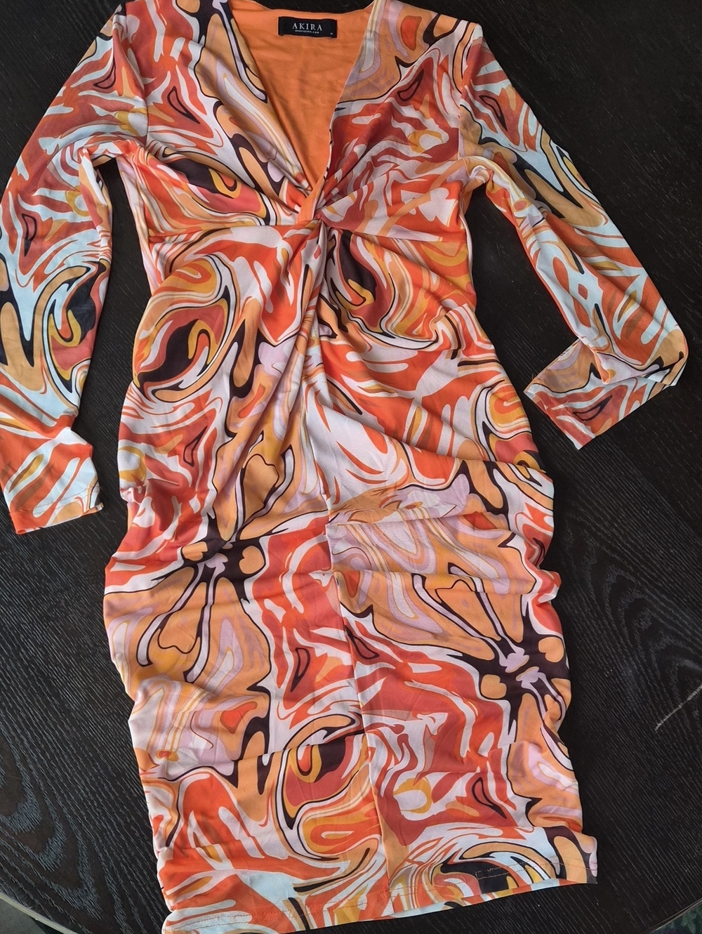 AKIRA Multicolor Orange Swirl Twist-Front Long Sleeve Dress